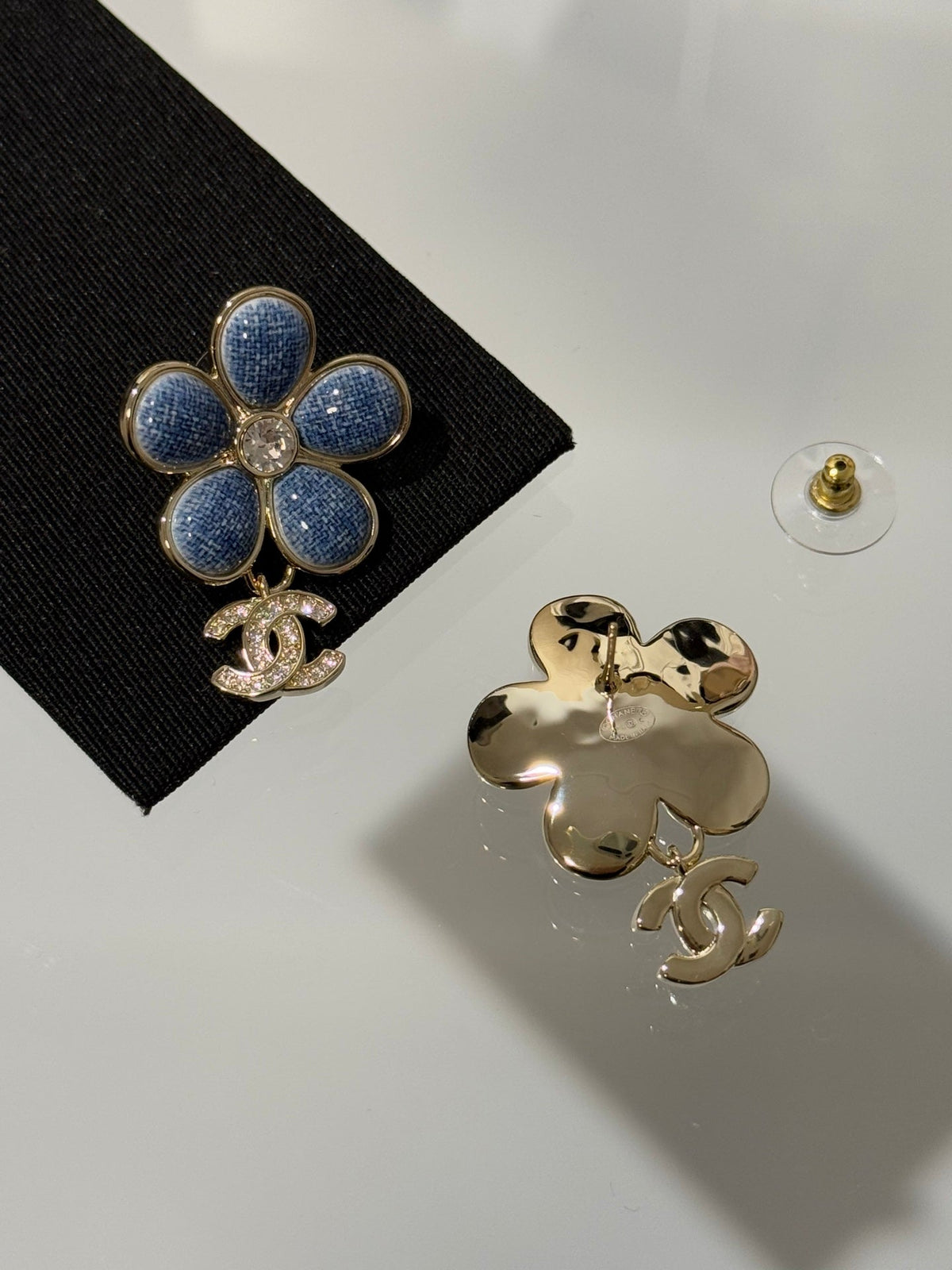 Chanel 2026 Denim Enamel Flower Crystal Light Gold Diamond Earrings